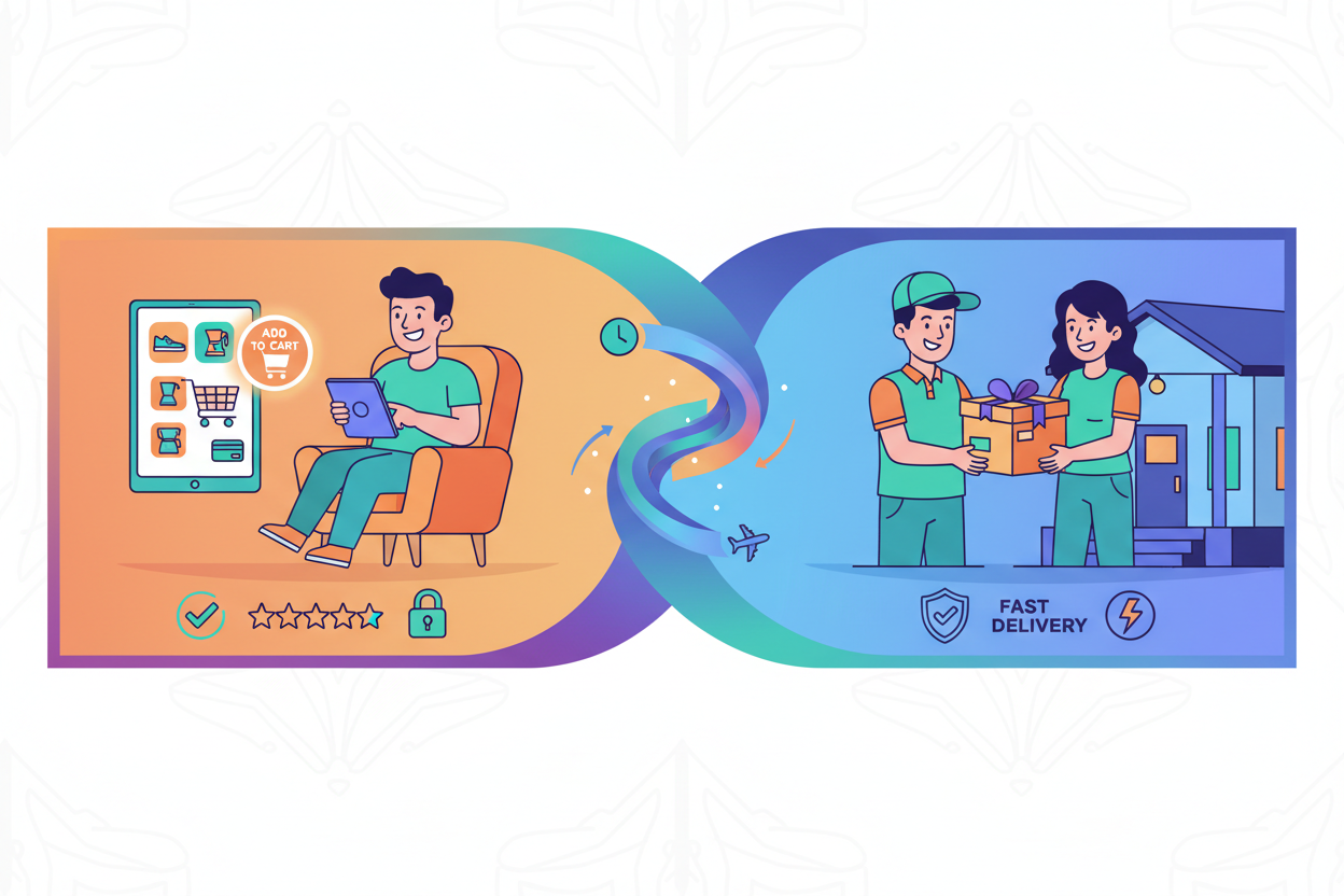 customer website par product ko add to cart karta he or physcial product use deliver kia jata he es bat ko ek achi customer ko attract kar paye esi colorful image ke sath banao jisko me apni website par laga saku