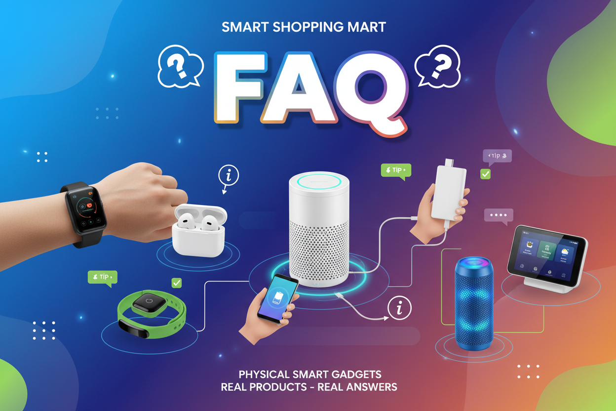 muje Smart Gadgets se related jo meri website he "Smart Shopping Mart" waha par FAQ section ke liye ek colorful image chahiye jis image ko customer dekh kar samay paye ki yha faq likha he Smart Gadgets se related and ye prodcuts sab physical products he degital nhi to yad rhe image usi hisab se banani he